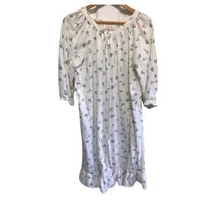 Vintage Women's 2X-3x Floral Granny Gown Housecoat Cottagecore Blue White Ruffle